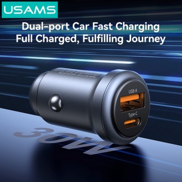 USAMS φορτιστής αυτοκινήτου CC322, USB & USB-C, 30W, γκρι