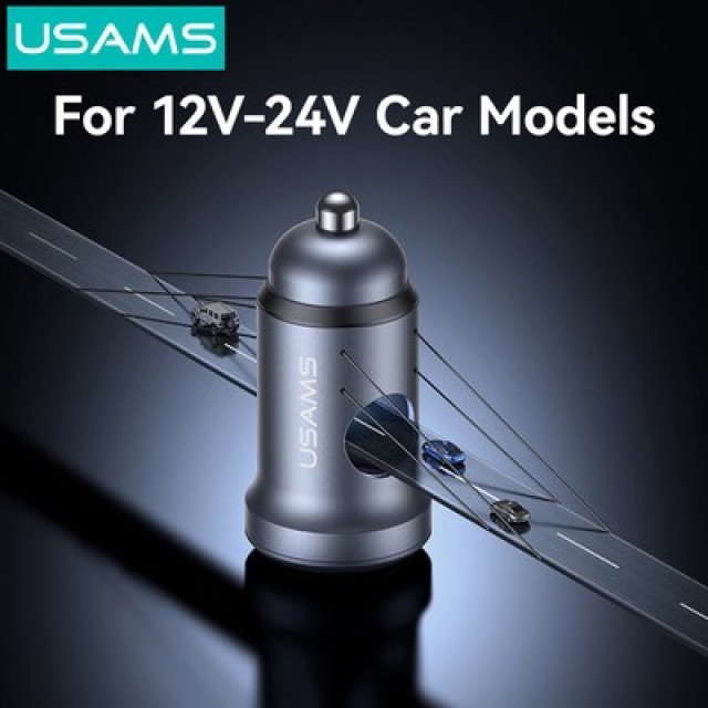 USAMS φορτιστής αυτοκινήτου CC322, USB & USB-C, 30W, γκρι