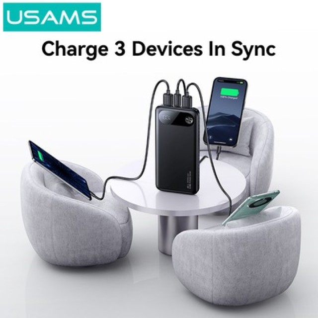 USAMS power bank CD249 με οθόνη, 3x θύρες εξόδου, 10000mAh, PD20W, λευκό