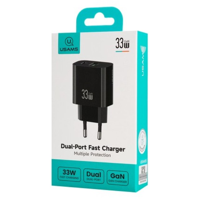 USAMS φορτιστής τοίχου CC317, USB & USB-C, 33W, GaN, μαύρος