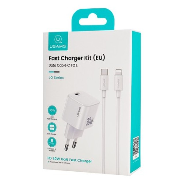 USAMS φορτιστής τοίχου CC262 με καλώδιο Lightning, 30W, GaN, λευκός