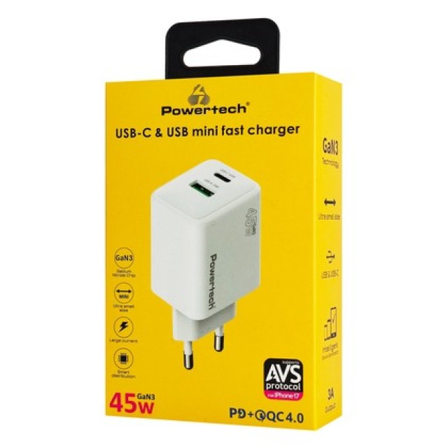 POWERTECH φορτιστής τοίχου PT-1551, USB/USB-C, 45W, GaN, AVS, λευκός