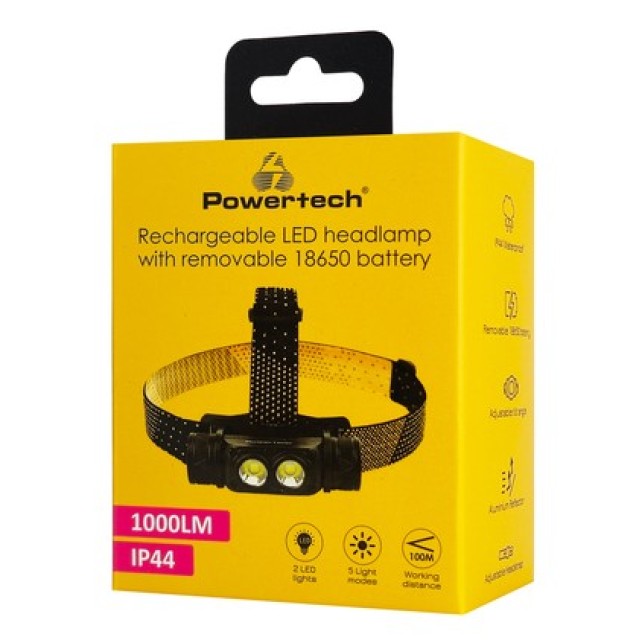 POWERTECH LED φακός κεφαλής PT-1549, επαναφορτιζόμενος, 1000lm, IP44, μαύρος