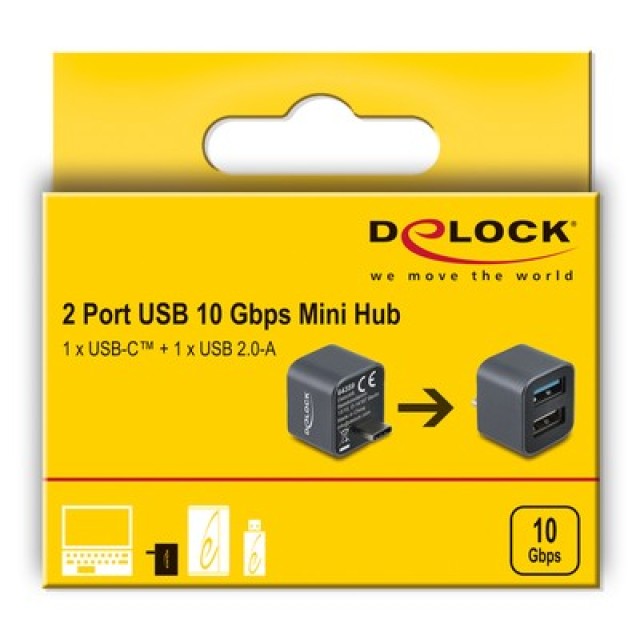 DELOCK mini USB hub 64359, 2x θυρών, USB 3.2, 10Gbps, USB-C σύνδεση, γκρι