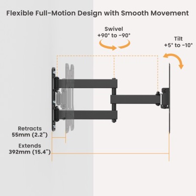 POWERTECH επιτοίχια βάση τηλεόρασης PT-1556, 23-43", έως 30kg, full motion