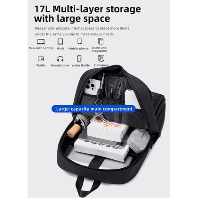 GOLDEN WOLF τσάντα πλάτης GB00705 με θήκη laptop 15.6", 17L, μαύρη