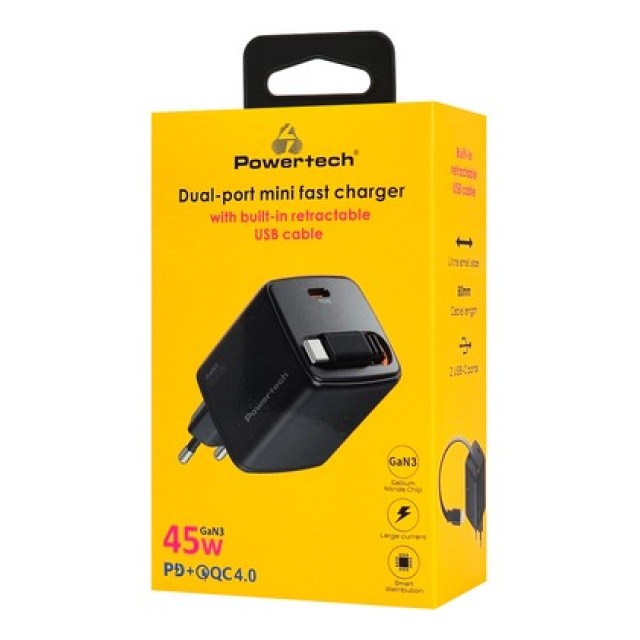 POWERTECH φορτιστής τοίχου PT-1572 με πτυσσόμενο καλώδιο, USB-C, 45W, GaN, μαύρος