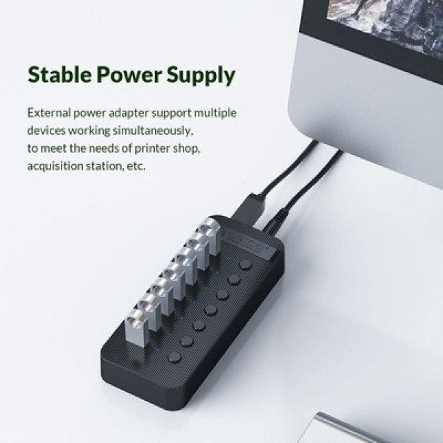ORICO USB hub CT2U3-7AB με διακόπτες, 7x θυρών, USB 3.0, 5Gbps, USB σύνδεση, μαύρο