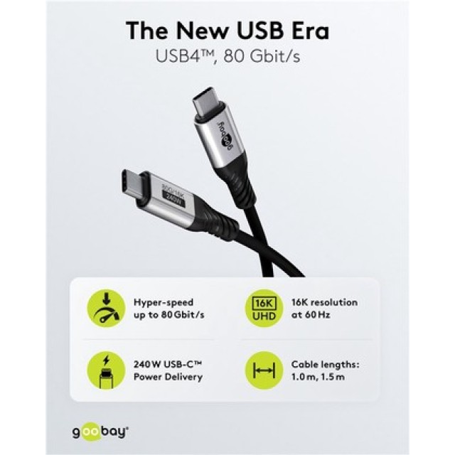 GOOBAY καλώδιο USB-C 74776, USB4, 240W, 80Gbps, 16K/60Hz, 1.5m, μαύρο