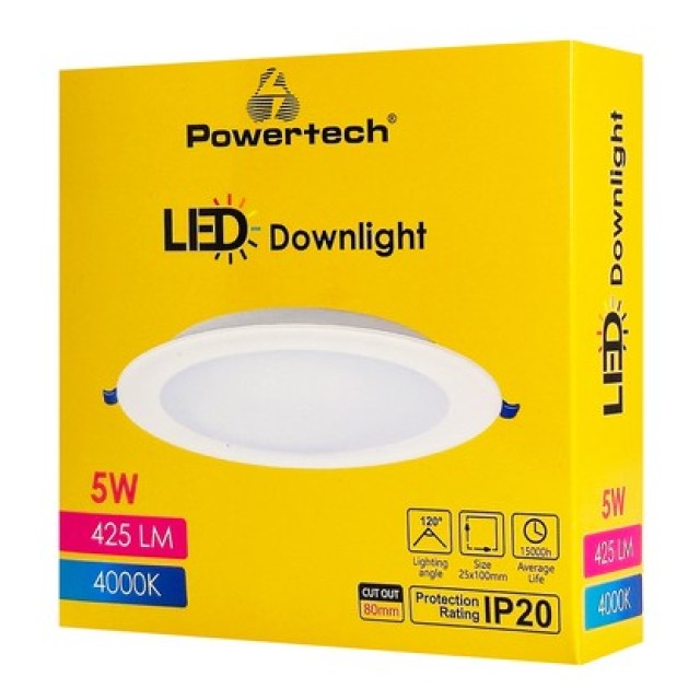 POWERTECH LED φωτιστικό downlight PT-1558, 5W, Φ100x25mm, 4000K, 425lm, λευκό