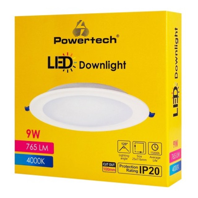 POWERTECH LED φωτιστικό downlight PT-1559, 9W, Φ116x25mm, 4000K, 765lm, λευκό