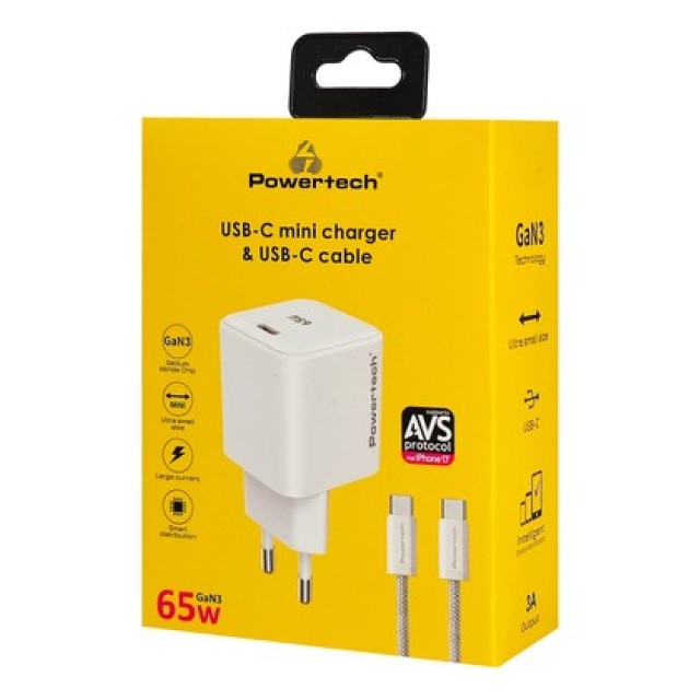 POWERTECH φορτιστής τοίχου PT-1577 με καλώδιο, USB-C, 65W, GaN, AVS, λευκός