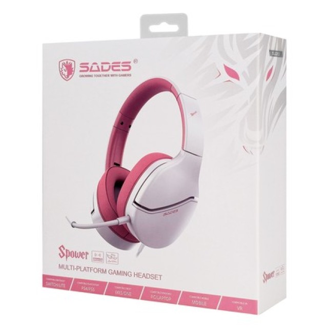 SADES gaming headset Spower, 3.5mm σύνδεση, 40mm, multi-platform, ροζ/λευκό