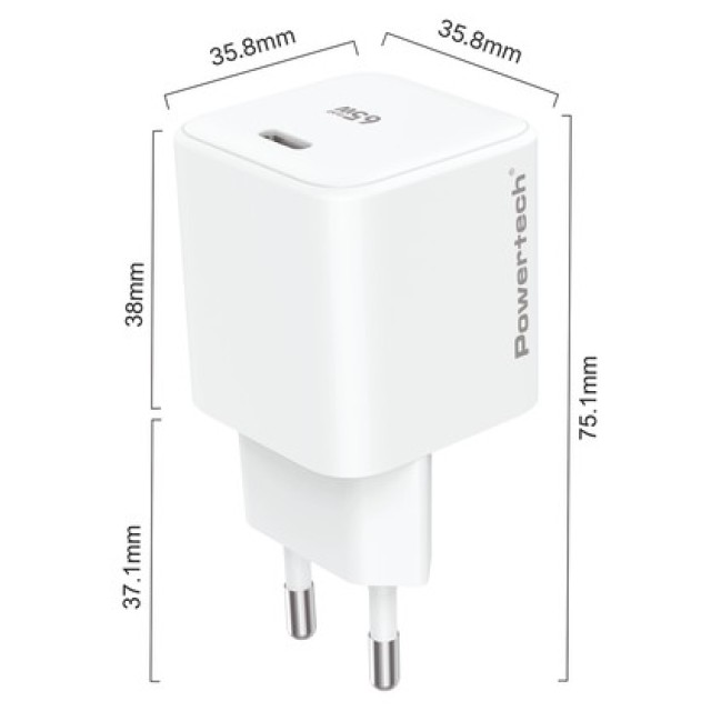 POWERTECH φορτιστής τοίχου PT-1577 με καλώδιο, USB-C, 65W, GaN, AVS, λευκός