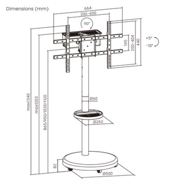 BRATECK βάση τηλεόρασης δαπέδου FS38-46TWE, 37-86", έως 50kg, με ράφι & cable management, ροδάκια, μαύρη