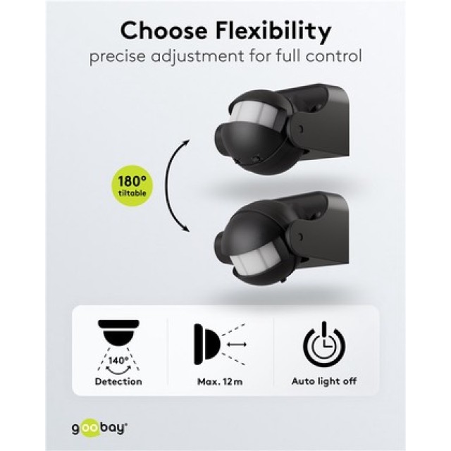 GOOBAY αισθητήρας κίνησης 79590, έως 12m, ρυθμιζόμενη κλίση, IP44, μαύρος