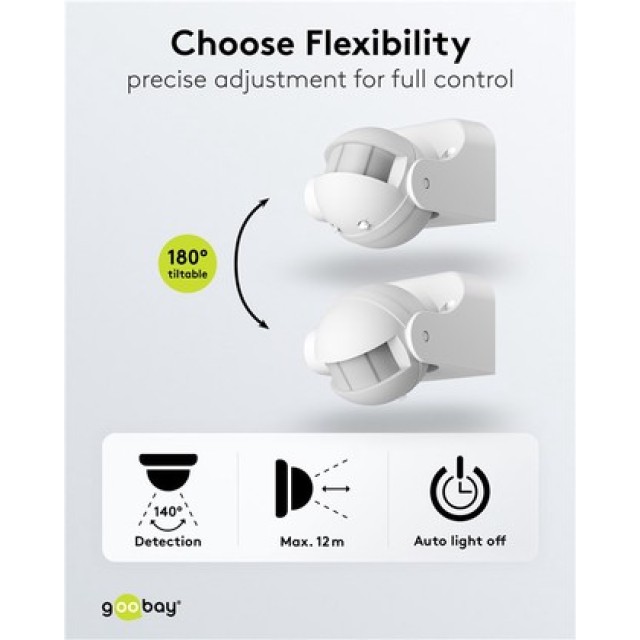 GOOBAY αισθητήρας κίνησης 79589, έως 12m, ρυθμιζόμενη κλίση, IP44, λευκός