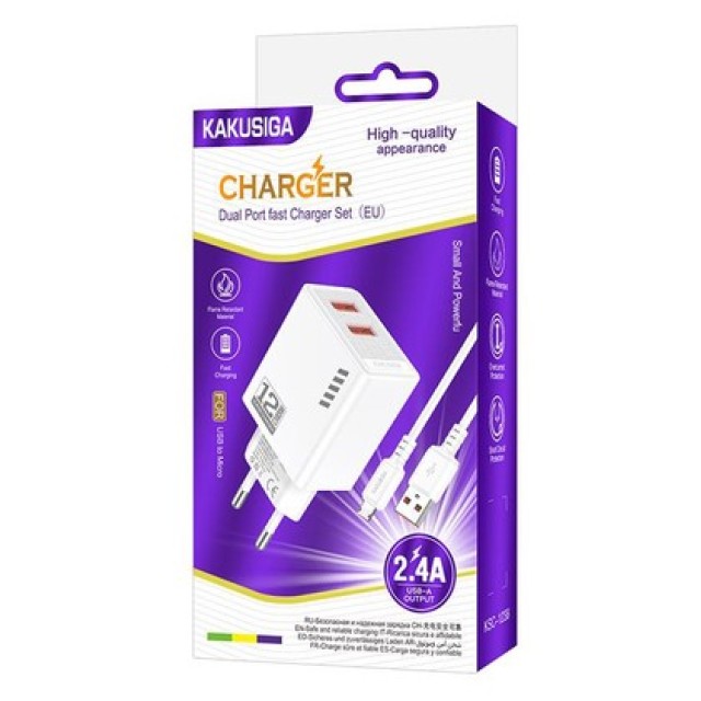 KAKUSIGA φορτιστής τοίχου KSC-1238 με καλώδιο micro USB, 2x USB, 12W, λευκός