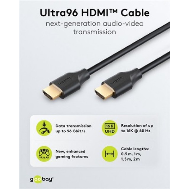 GOOBAY καλώδιο HDMI 2.2 80091, 16K/60Hz, 96 Gbps, 1m, μαύρο