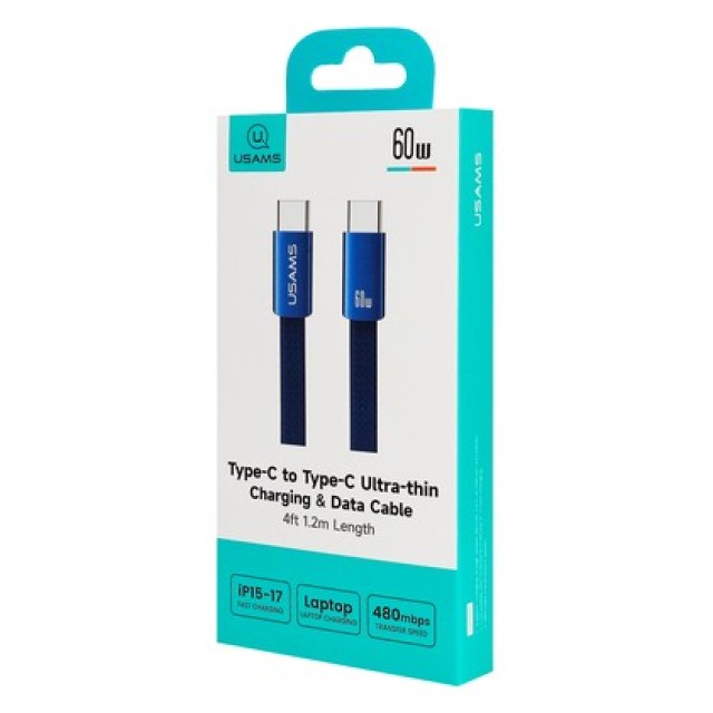 USAMS καλώδιο USB-C SJ783, 60W, 480Mbps, flat, 1.2m, μπλε