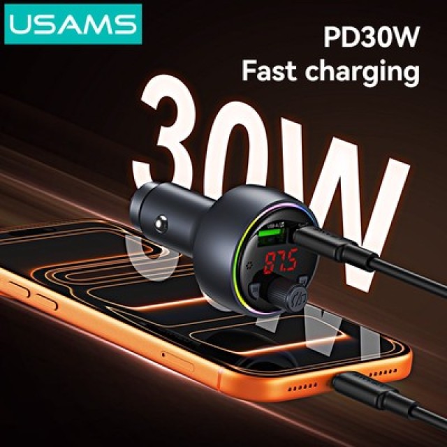 USAMS FM transmitter & φορτιστής CC328, USB/USB-C, 30W, Bluetooth, μαύρο