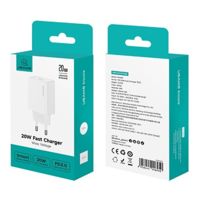 USAMS φορτιστής τοίχου CC325, USB-C, 20W, λευκός USAMS φορτιστής τοίχου CC325, USB-C, 20W, λευκός