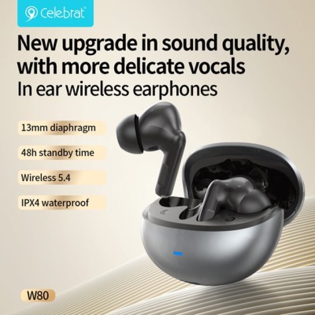 CELEBRAT earphones με θήκη φόρτισης W80, True Wireless, 13mm, 30/230mAh, γκρι