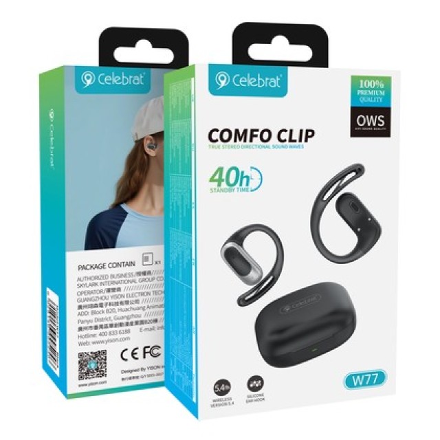 CELEBRAT earphones με θήκη φόρτισης W77, OWS, 12mm, 40/400mAh, μαύρα