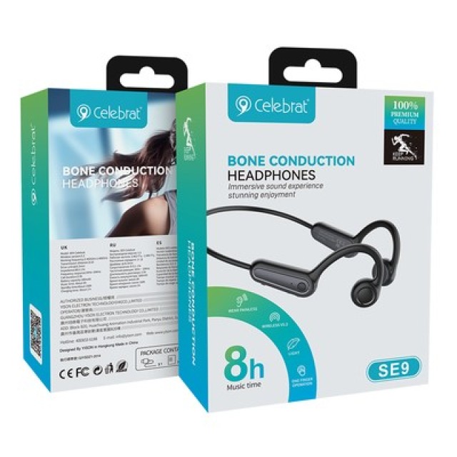 CELEBRAT neckband earphones SE9, OWS Bone Conduction, 16.3mm, 180mAh, μαύρα