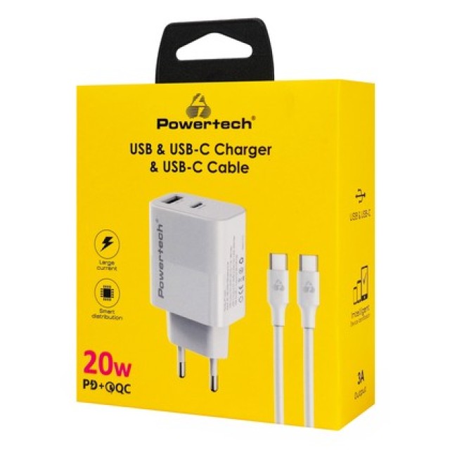 POWERTECH φορτιστής τοίχου PT-1635 με καλώδιο, USB/USB-C, 20W, λευκός POWERTECH φορτιστής τοίχου PT-1635 με καλώδιο, USB/USB-C, 20W, λευκός