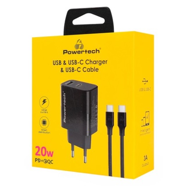 POWERTECH φορτιστής τοίχου PT-1637 με καλώδιο, USB/USB-C, 20W, μαύρος POWERTECH φορτιστής τοίχου PT-1637 με καλώδιο, USB/USB-C, 20W, μαύρος