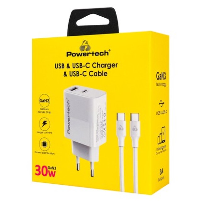 POWERTECH φορτιστής τοίχου PT-1636 με καλώδιο, USB/USB-C, 30W, GaN, λευκός POWERTECH φορτιστής τοίχου PT-1636 με καλώδιο, USB/USB-C, 30W, GaN, λευκός