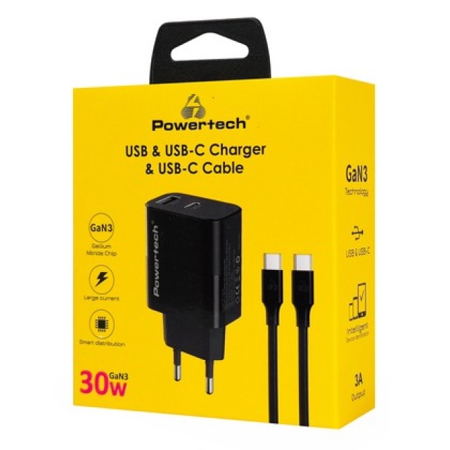 POWERTECH φορτιστής τοίχου PT-1638 με καλώδιο, USB/USB-C, 30W, GaN, μαύρος POWERTECH φορτιστής τοίχου PT-1638 με καλώδιο, USB/USB-C, 30W, GaN, μαύρος