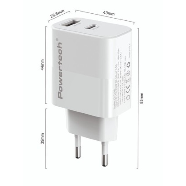 POWERTECH φορτιστής τοίχου PT-1635 με καλώδιο, USB/USB-C, 20W, λευκός POWERTECH φορτιστής τοίχου PT-1635 με καλώδιο, USB/USB-C, 20W, λευκός
