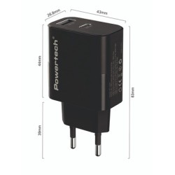 POWERTECH φορτιστής τοίχου PT-1637 με καλώδιο, USB/USB-C, 20W, μαύρος