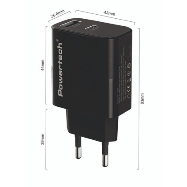 POWERTECH φορτιστής τοίχου PT-1637 με καλώδιο, USB/USB-C, 20W, μαύρος POWERTECH φορτιστής τοίχου PT-1637 με καλώδιο, USB/USB-C, 20W, μαύρος
