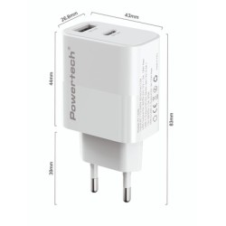 POWERTECH φορτιστής τοίχου PT-1636 με καλώδιο, USB/USB-C, 30W, GaN, λευκός