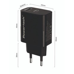 POWERTECH φορτιστής τοίχου PT-1638 με καλώδιο, USB/USB-C, 30W, GaN, μαύρος