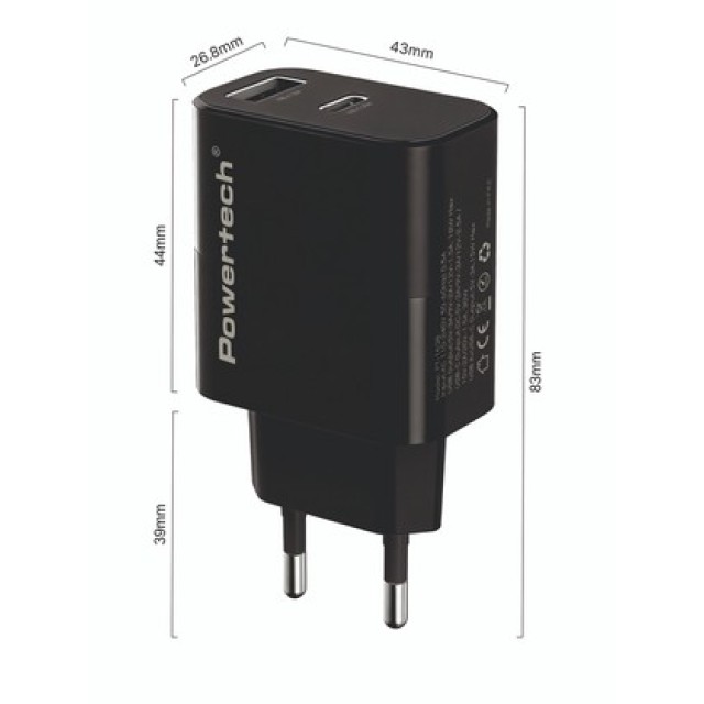 POWERTECH φορτιστής τοίχου PT-1638 με καλώδιο, USB/USB-C, 30W, GaN, μαύρος POWERTECH φορτιστής τοίχου PT-1638 με καλώδιο, USB/USB-C, 30W, GaN, μαύρος