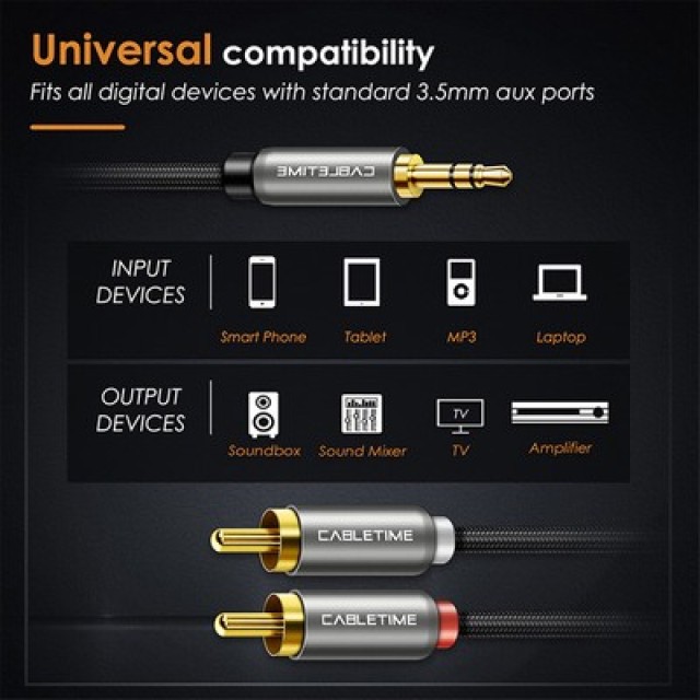 CABLETIME καλώδιο ήχου 3.5mm σε 2x RCA CT-AV314-P12G, 5m, μαύρο