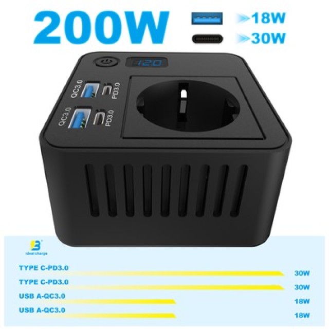 POWERTECH inverter αυτοκινήτου PTL-028, 200W, 12V/24V DC σε 110V/220V AC, με 2x USB-C/2x USB POWERTECH inverter αυτοκινήτου PTL-028, 200W, 12V/24V DC σε 110V/220V AC, με 2x USB-C/2x USB