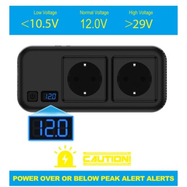 POWERTECH inverter αυτοκινήτου PTL-029, 200W, 12V/24V DC σε 2x 110V/220V AC, με 2x USB-C/2x USB