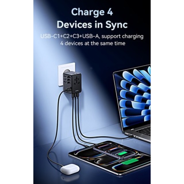 USAMS φορτιστής/αντάπτορας πρίζας CC334, USB & 3x USB-C, universal, 100W, GaN, μαύρος