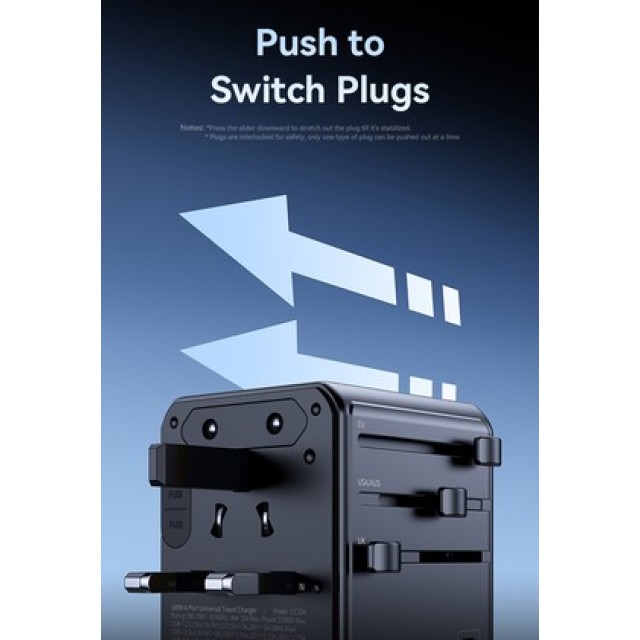 USAMS φορτιστής/αντάπτορας πρίζας CC334, USB & 3x USB-C, universal, 100W, GaN, μαύρος