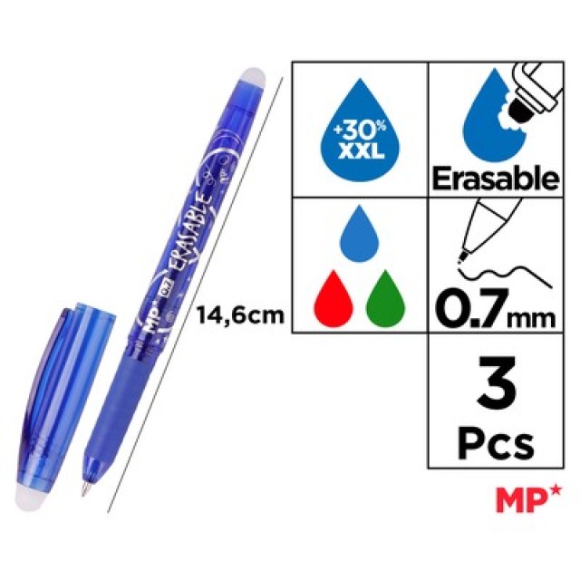 MP σετ στυλό διαρκείας PE217-1, erasable, 0.7mm, μπλε/πράσινο/κόκκινο, 3τμχ MP σετ στυλό διαρκείας PE217-1, erasable, 0.7mm, μπλε/πράσινο/κόκκινο, 3τμχ