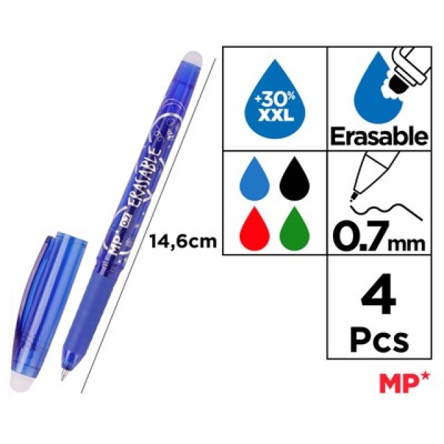 MP σετ στυλό διαρκείας PE217-2, erasable, 0.7mm, μπλε/μαύρο/πράσινο/κόκκινο, 4τμχ MP σετ στυλό διαρκείας PE217-2, erasable, 0.7mm, μπλε/μαύρο/πράσινο/κόκκινο, 4τμχ