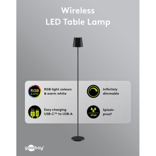 GOOBAY επιτραπέζιο φωτιστικό 76573, RGBW, dimmable, επαναφορτιζόμενο, έως 122.3cm ύψος, μαύρο