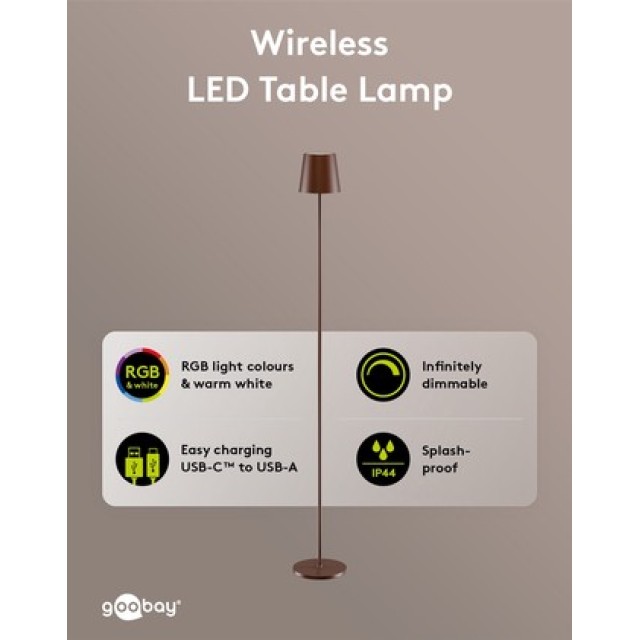 GOOBAY επιτραπέζιο φωτιστικό 76574, RGBW, dimmable, επαναφορτιζόμενο, έως 122.3cm ύψος, χάλκινο
