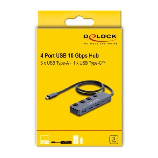 DELOCK USB-C hub 64384 με διακόπτες, 4x θυρών, 10Gbps, USB-C σύνδεση, γκρι