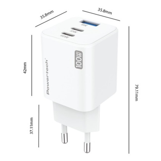 POWERTECH μίνι φορτιστής τοίχου PT-1671 με καλώδιο, USB/2x USB-C, 100W, GaN, λευκός POWERTECH μίνι φορτιστής τοίχου PT-1671 με καλώδιο, USB/2x USB-C, 100W, GaN, λευκός